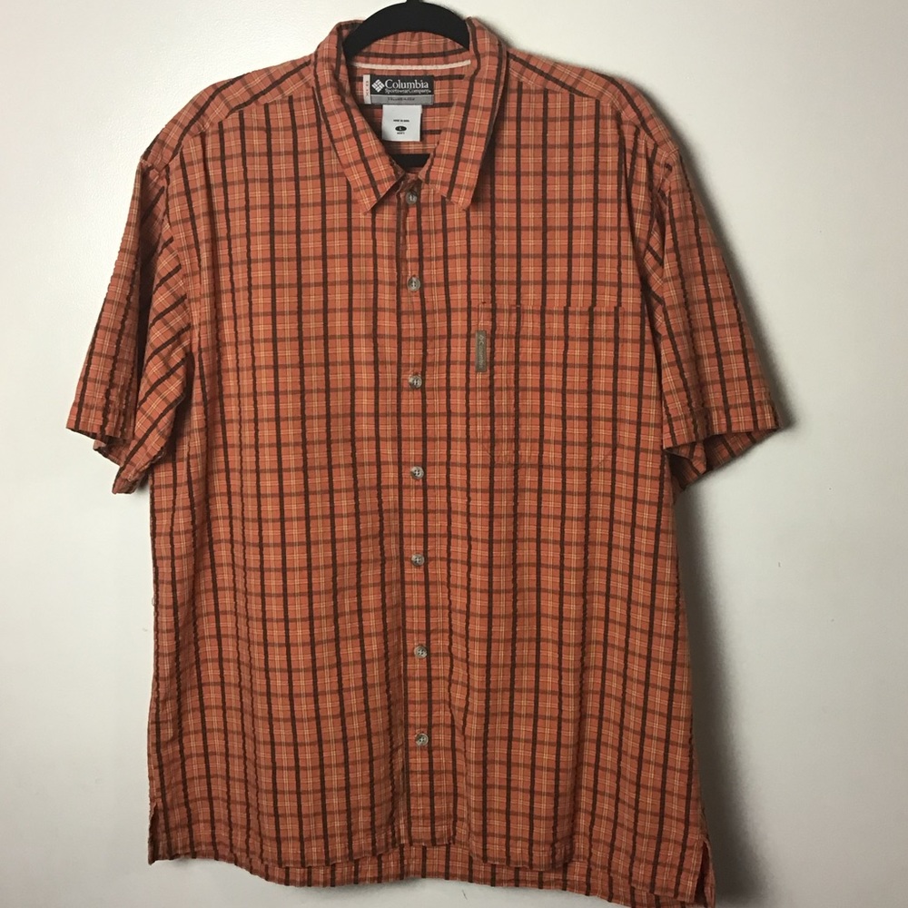 Columbia orange plaid short sleeve button up shirt. Large